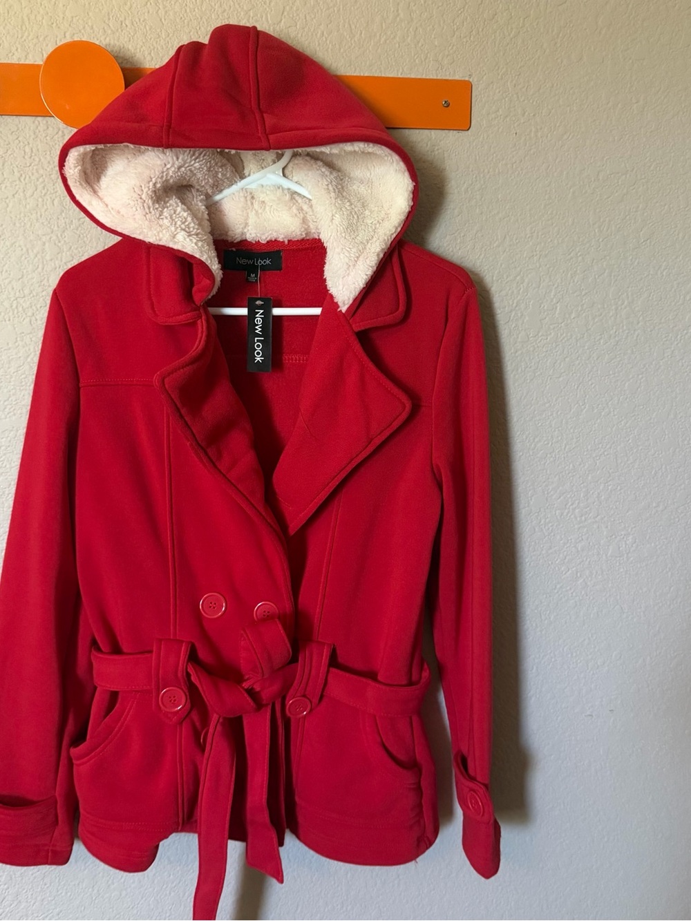 NEW LOOK Womens Medium Red Hooded Belted Jacket Coat Outwear NWT